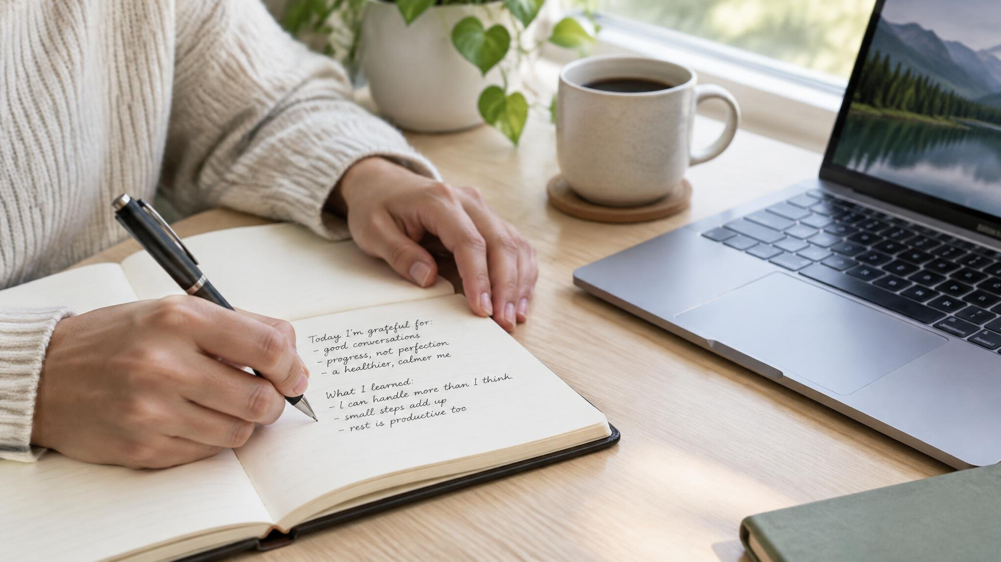 Person writing notes next to a laptop